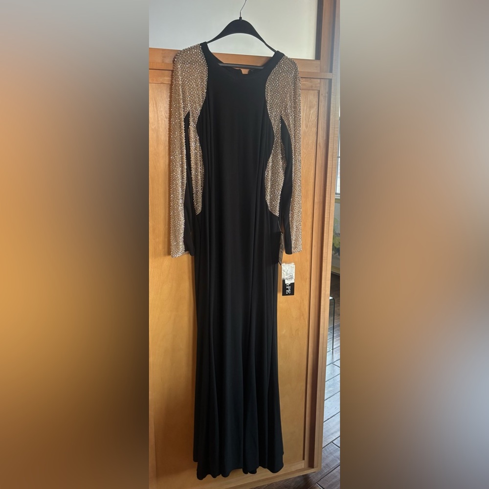 Xscape Black Gown with Crystal-Embellished Sleeves – Size 18W – NWT
